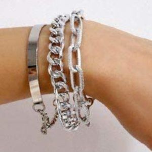 3PC TRENDY SILVER CUBAN CHAIN LINK BRACELET SET